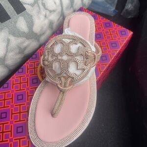 Tory Burch Pink and Gold Sandals with Iconic Medallion
